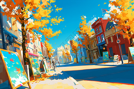 秋天城市道路上的行人与树影插画