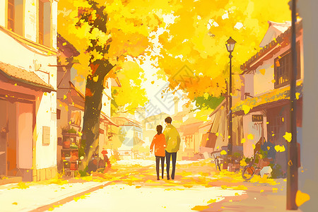 秋天散步街头散步的情侣插画