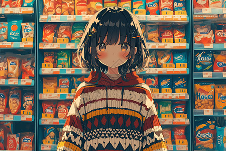 日系女孩站在货架前背景图片