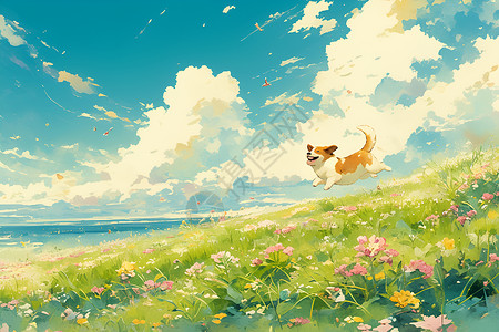 草地动物草地上欢快奔跑的小狗插画
