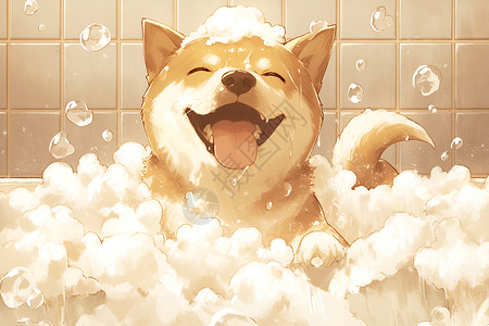 泡沫背景浴缸里洗澡的柴犬插画