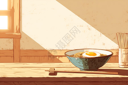木桌食物健康的面条和鸡蛋插画