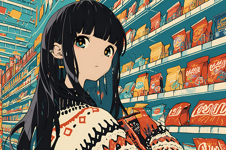加州购物区零食区的女孩插画