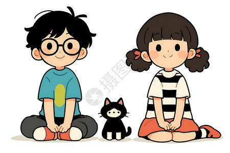 翘尾巴小猫可爱的孩子和小猫插画