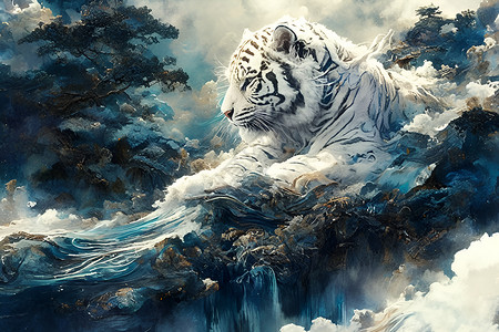 山岩上的白虎背景图片