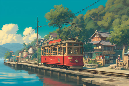 有轨电车停靠站村镇的红色有轨电车插画