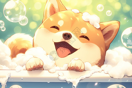 享受沐浴柴犬在浴缸中享受泡泡浴插画