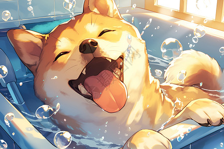 享受沐浴享受泡泡浴的柴犬插画