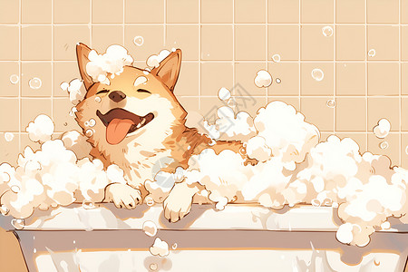 浴缸无人可爱的柴犬泡泡浴插画
