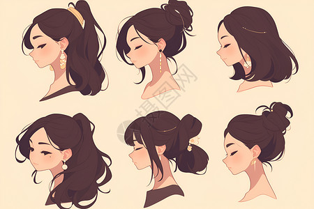 头发蓬松女性的多种发型合集插画