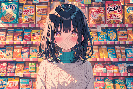 零食架甜美黑发少女在零食货架前插画