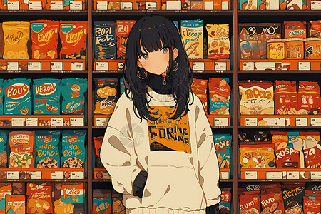零食架可爱黑发少女在货架前插画