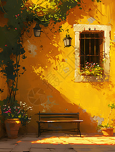 房子窗户黄墙下的长凳插画