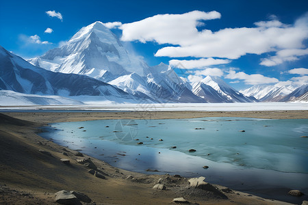 冬季润肤乳湖泊与雪山背景