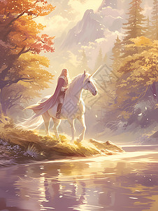 白马仙洞河边骑白马的人插画