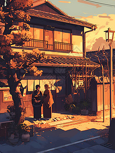 日式风景古老的建筑插画