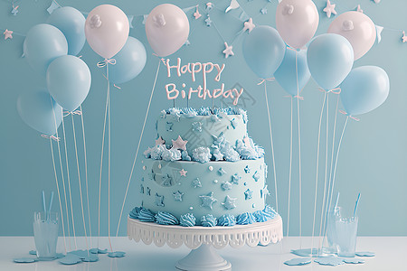 蓝色秀和素材蓝色气球和蛋糕插画