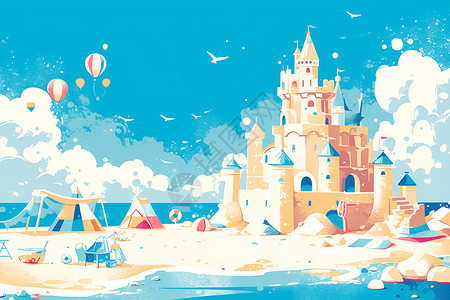 美丽的海滩沙滩城堡的梦幻之旅插画