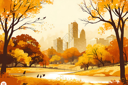 园林秋色秋色都市自然风景插画