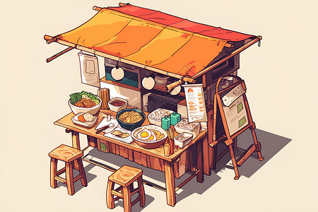 木桌食物阳光下的美食摊插画