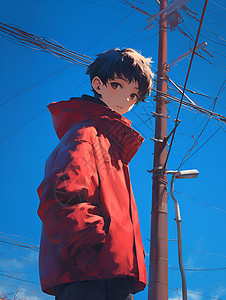 红衣男孩与天空高清图片