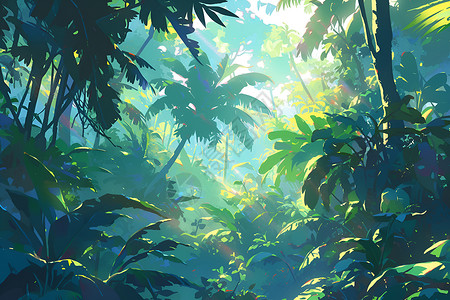 低密密林中的棕榈树插画