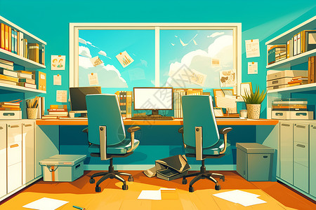 办公桌平视办公室里的桌椅插画