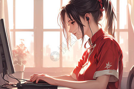 正在办公的女孩正在打电脑的少女插画