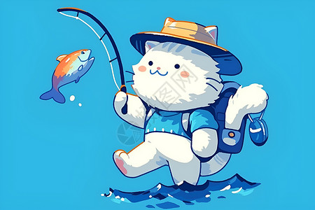 白猫想吃鱼边框白猫戴帽钓鱼插画