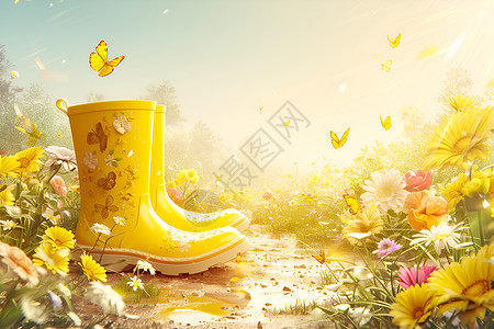 花海中的黄色雨靴插画