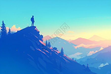 日落音频山脉中站着的男人插画
