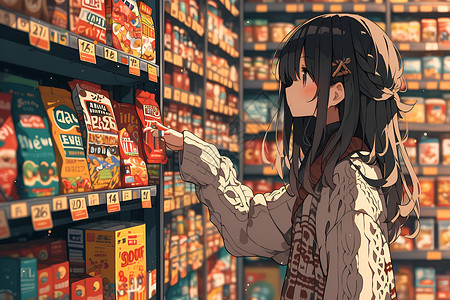 超市抢购女孩挑选美味的零食插画