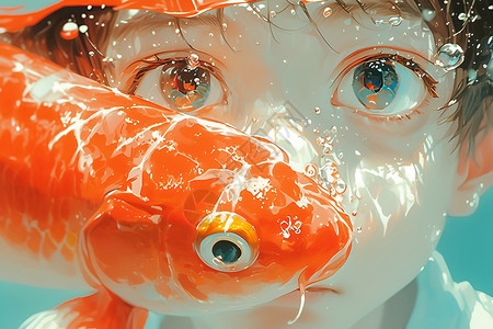 在红色背景男孩与红色锦鲤在水下插画