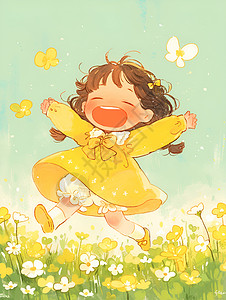 激动活跃的小女孩追蝴蝶插画