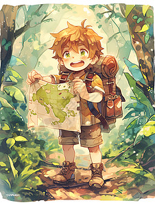小男孩森林寻宝背景图片