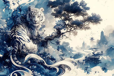 森林之王白虎白虎与中国山水插画