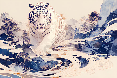 森林之王白虎神秘白虎和山河插画