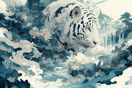 森林之王白虎白虎和山水绘画插画