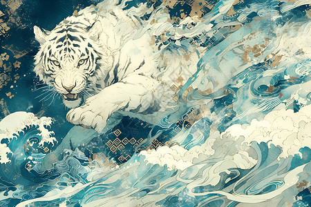 森林之王白虎海浪和白虎插画