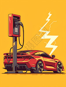 新能源红色汽车红色汽车充电插画