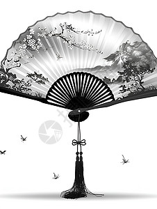 黑白极简中国风时尚折扇黑白山水画扇子插画