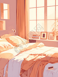 纯黑枕头阳光下的卧室插画
