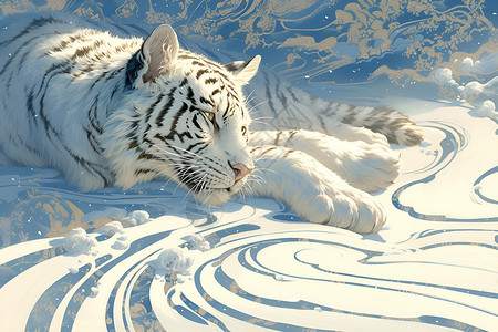 动画雪花素材雪地上的老虎插画