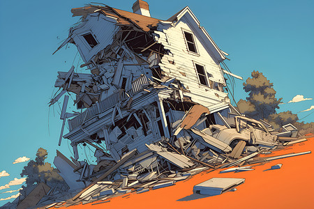 房屋崩塌崩塌中的房屋插画