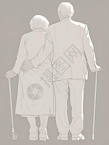 拐杖背影老年夫妇背影插画