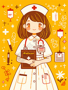 胸牌背景女护士手持医疗记事板插画
