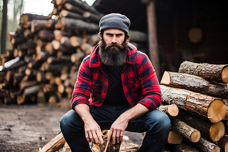 格子铺男子坐在一堆木材上背景