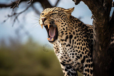 陆生哺乳动物一只豹子站在树上张开大嘴背景