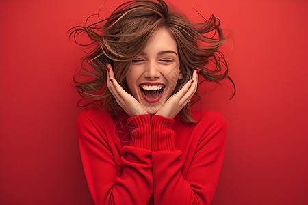快乐年轻女性穿着红色衣服的开心女人插画