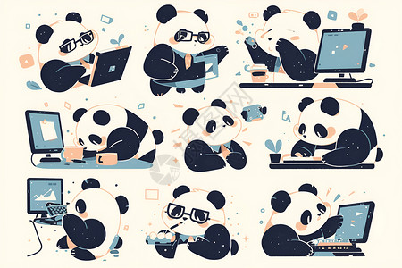 熊猫办公插画高清图片